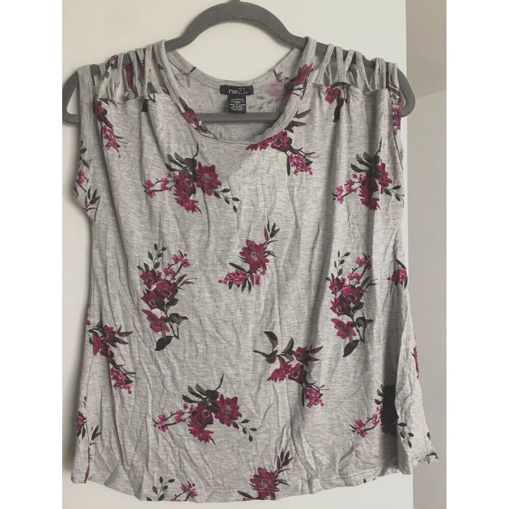 rue21 Multicolor Gray Floral Short Sleeve Cap Crop Shirt Women Juniors Size Med